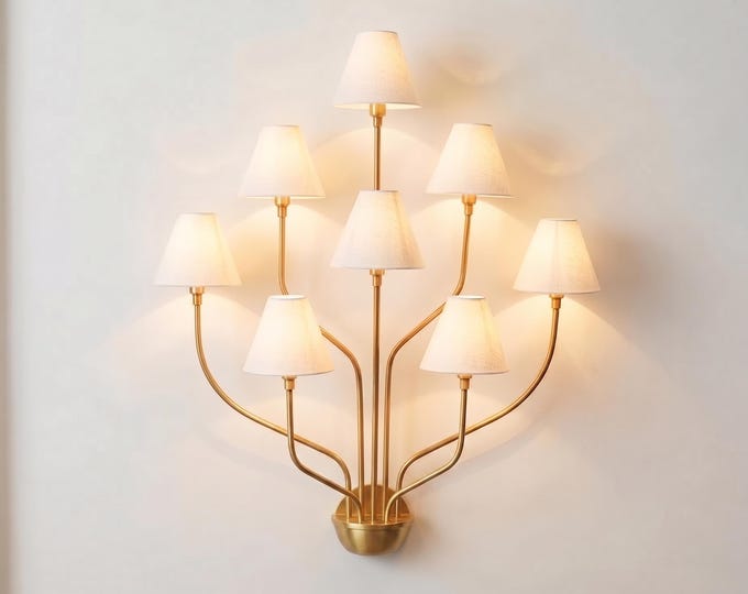 Wall Sconce in Gold Multi Arm with White Fabric Shades – Luxury 8 Light Designer Wall Lamp for Living Room, Hallway, Hotel & Home Decor
