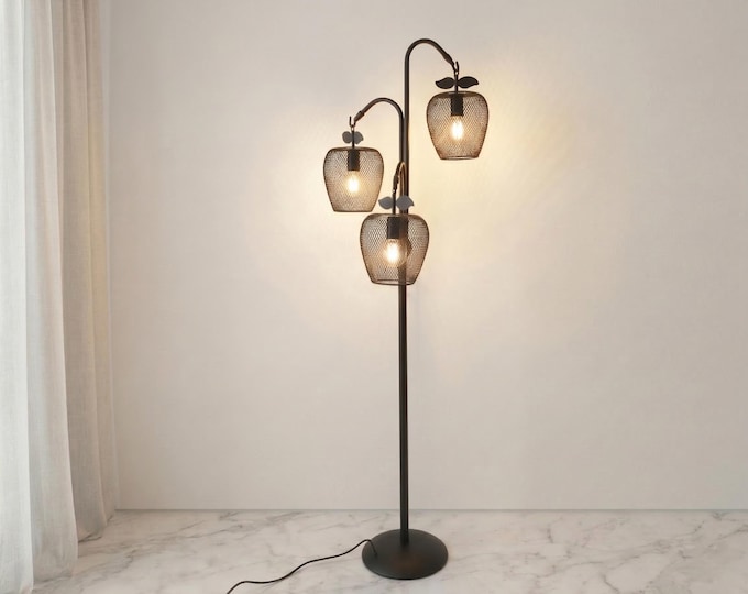 Floor Lamp in Black Color Contemporary Triple Hanging Mesh Floor Lamp with Apple Style Metal Shades and Modern Home Decor Lighting