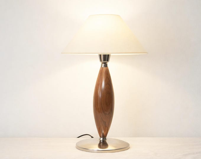 Table Lamp – Elegant Wooden Table Lamp with Cream Tapered Shade | Timeless Mid Century Bedside and Living Room Lighting
