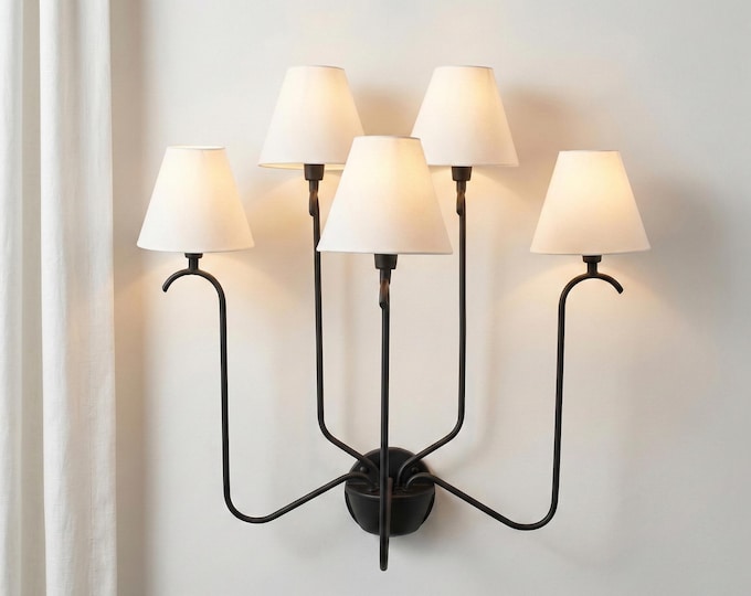 Wall Light Modern Matte Black Five Arm Fixture, Luxury Multi Shade Wall Lamp with Elegant White Fabric Shades for Living Room & Bedroom