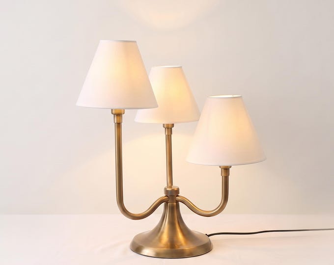 Triple Arm Antique Brass Table Lamp, Brass Modern 3 Shade Lamp, Mid Century Table Lighting, Minimalist Bedroom Lamp, Unique Desk Lamp Décor.