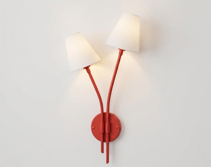 Wall Light Matte Red Designer Double Arm Sconce, Scandinavian Modern Wall Fixture with Elegant Cone Shades for Luxury Interior Styling