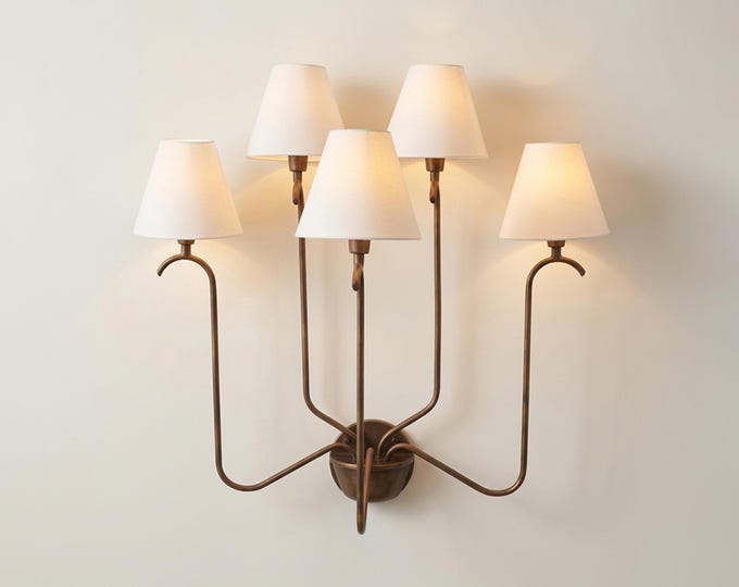 Wall Light Antique brass Sculptural Sconce, Five Light Wall Fixture with White Cone Shades, Modern Luxury Light for Hallway & Interior Decor