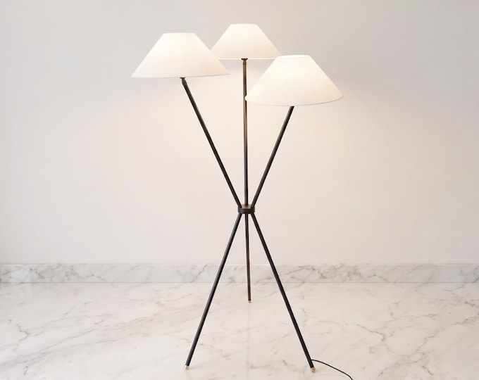 Floor Lamp in Matte Black Color Contemporary Standing Lamp with White Fabric Lined Shades for Office Cafe Corner Interior Decor-Steel,Brass