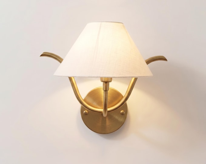 Wall Light Brushed Gold Modern Fabric Shade Wall Sconce, Luxury Brass Bedroom Bedside Lamp, Minimalist Lighting Fixture