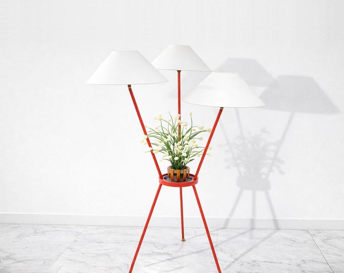 Red Tripod Floor Lamp with Three Shades: Modern Living Room Lighting
