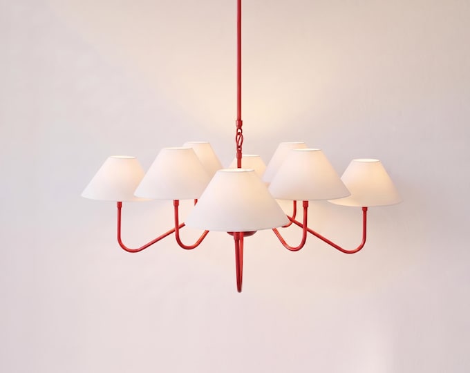 Chandelier Light – Matte Red Light Chandelier with White Fabric Shades | Luxury Ceiling Hanging Fixture for Dining Room & Living Space