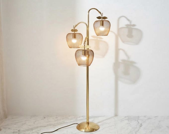 Floor Lamp in Brass Gold Color Luxury Triple Head Mesh Floor Lamp with Apple Shaped Metal Shades Warm Ambient Interior Lighting