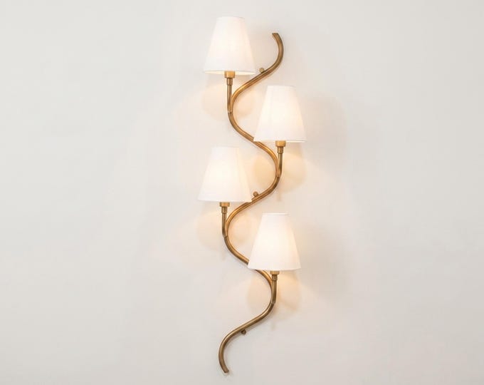 Antique Brass Wall Sconce, 4 Light Modern Wall Lamp, Vertical Bedroom Wall Lighting, Contemporary Brass Sconce White Shades Home Lighting