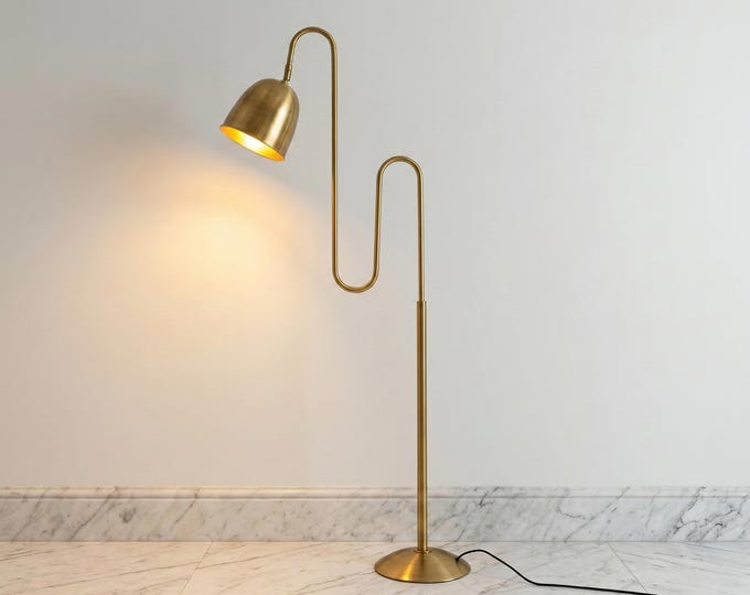 Elegant Brass Curved Gooseneck Floor Lamp - Adjustable Luxury Arc Lighting for Modern Living Rooms