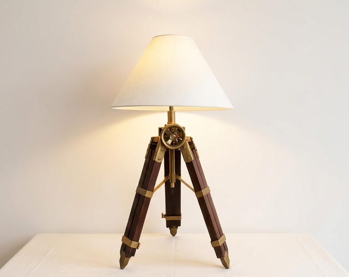 Table Tripod Lamp Vintage Wooden Brass Nautical Table Light Handmade Retro Bedside Lamp for Office Desk Living Room Home Decor