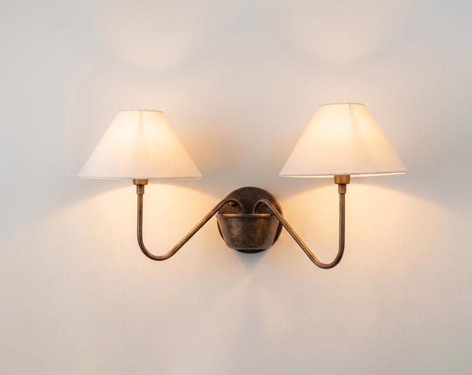 Wall Light Luxury Gold Brass Double Arm Sconce, Modern Minimalist Designer Wall Fixture with White Fabric Shades for Bedroom & Living Room