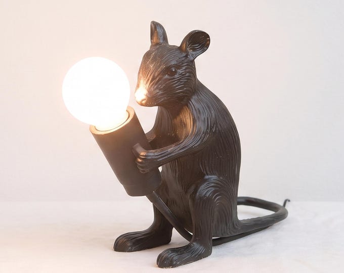 Table Lamp – Artistic Black Mouse Table Lamp Holding Exposed Bulb | Unique Animal Sculptural Accent Lighting for Modern Home Decor