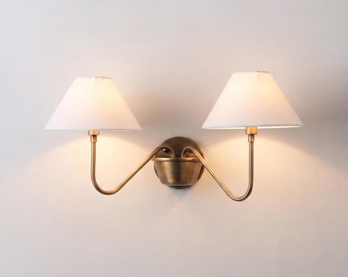 Antique Brass Double Wall Sconce, Vintage Inspired 2 Light Wall Lamp with White Shades, Elegant Lighting for Classic Home Interiors Wall Art