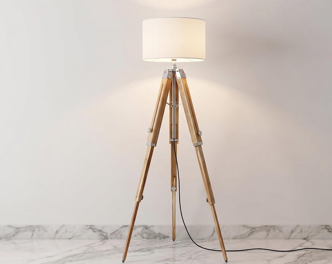 Floor Tripod Lamp Wooden Tripod Standing Lamp with White Fabric Shade Modern Scandinavian Floor Light for Living Room Bedroom Corner Decor.