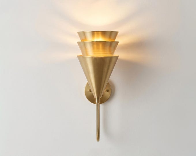 Contemporary Brass Gold Cone Wall Sconce, Minimal Luxury Wall Lighting Fixture,Designer Lamp for Hallway, Bedroom & Modern Interior Decor