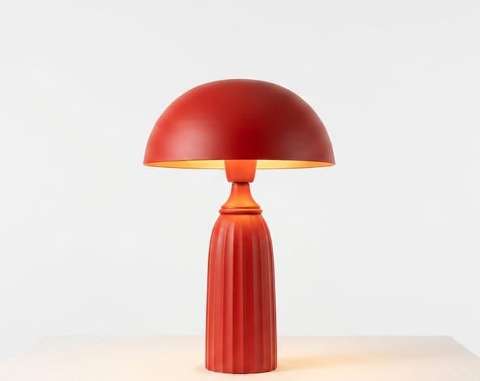 Table Lamp – Bold Modern Red Dome Table Lamp with Elegant Ribbed Column Base | Artistic Mid Century Bedside Lamp for Contemporary Home Decor