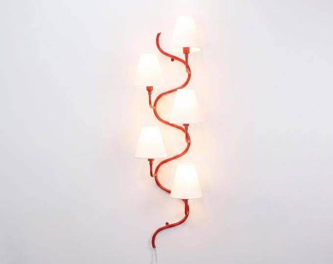 Modern Red Spiral Wall Sconce – Luxury Curved Wall Light with White Fabric Shades | Contemporary Designer Wall Lamp living rooms,bedrooms