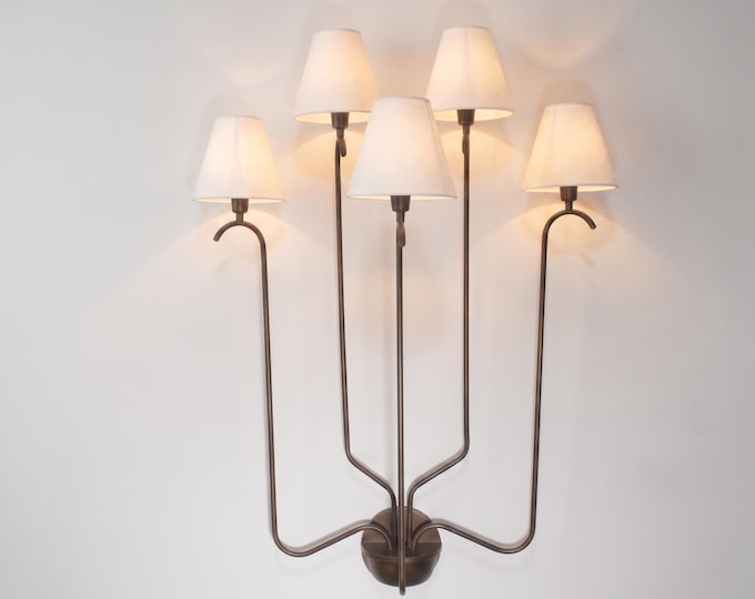 Wall Light Brass antique Multi Light Fixture, Five Arm Wall Lamp with White Fabric Shades, Elegant Nordic Lighting for Living Room & Hallway
