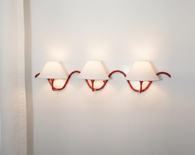 Aurora Wave Triple Wall Sconce – Red Luxury Metal Frame with Pristine White Fabric Shades
