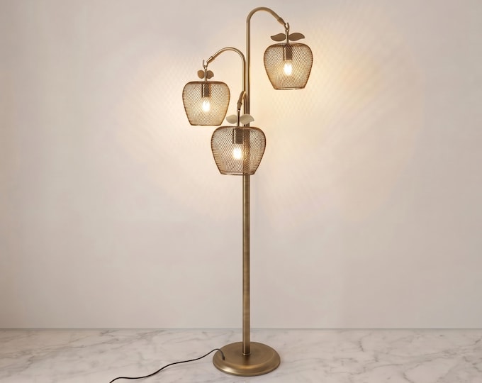 Floor Lamp in Antique Brass  Color Luxury Triple Head Mesh Floor Lamp with Apple Shaped Metal Shades Warm Ambient Interior Lighting lamp