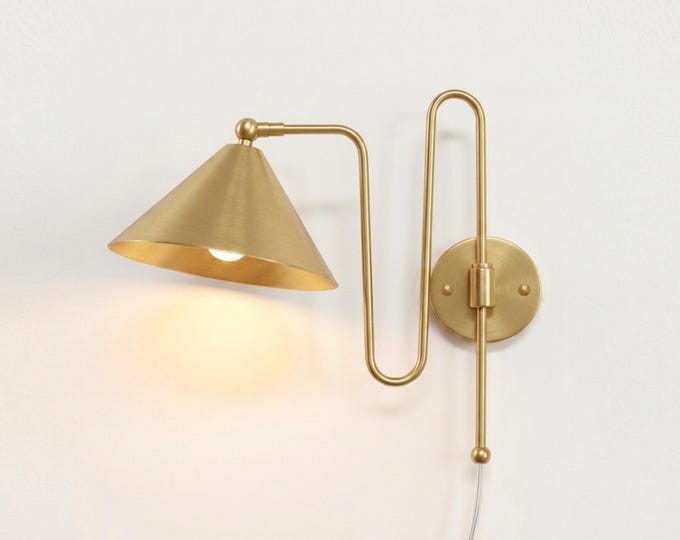 Wall Light Brass Gold Cone Shade Sconce, Mid Century Modern Bedside Lamp, Luxury Hotel Style Wall Lighting Fixture