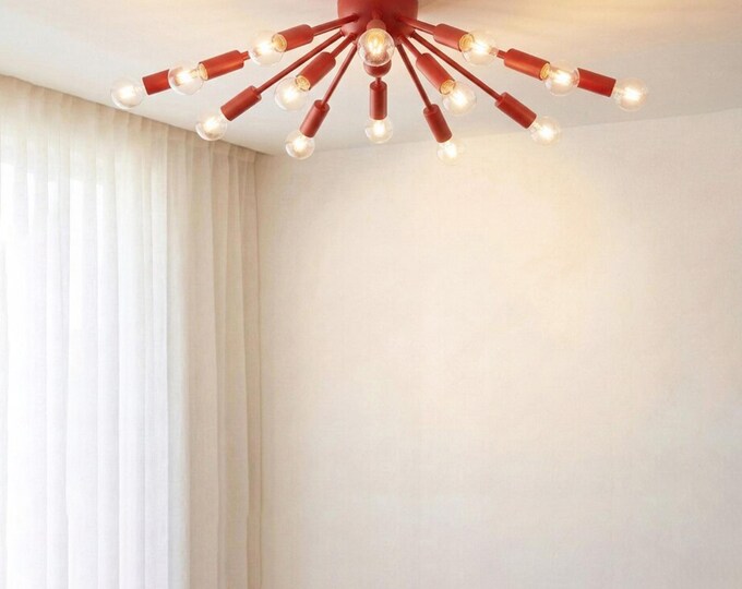 Bold Matte Red Sputnik Chandelier with Globe Bulbs | Contemporary Modern Ceiling Light Fixture for Stylish Home Decor