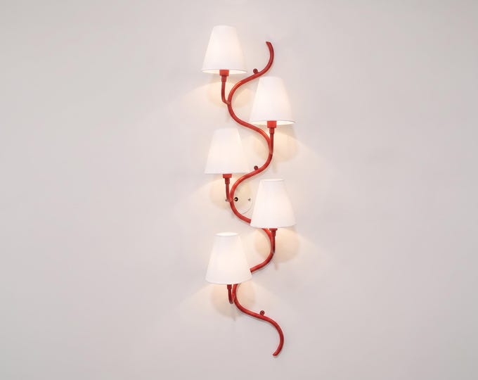 Modern Red Curved Wall Light with Fabric Shades | Designer Multi Arm Sconce | Contemporary Decorative Lighting Fixture