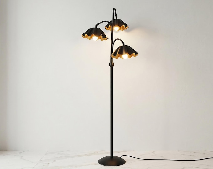 Floor Lamp in Black Color Modern Triple Head Floor Lamp with Wavy Metal Shades Golden Inner Finish and Corded Plug for  Home Decor Lighting