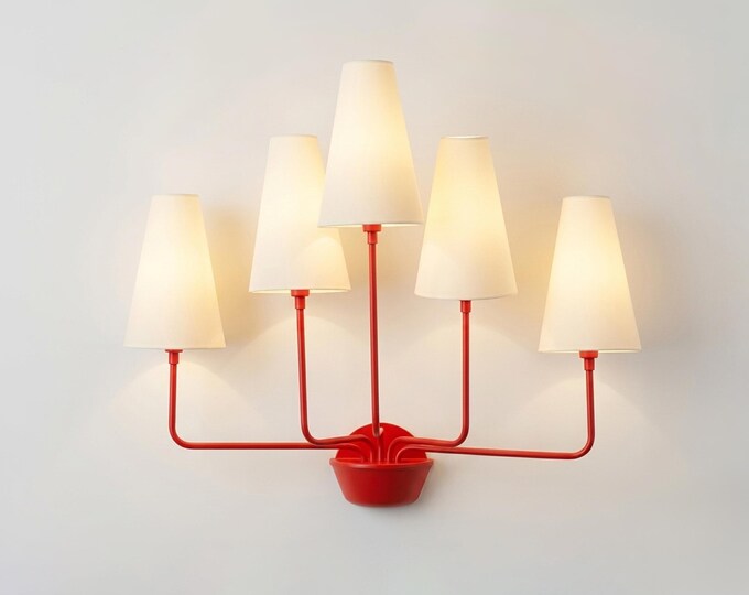 Wall Light – Modern Red 5-Light Minimalist Wall Sconce with Tall White Fabric Shades |  Lighting Fixture for Living Room Bedroom Hallway