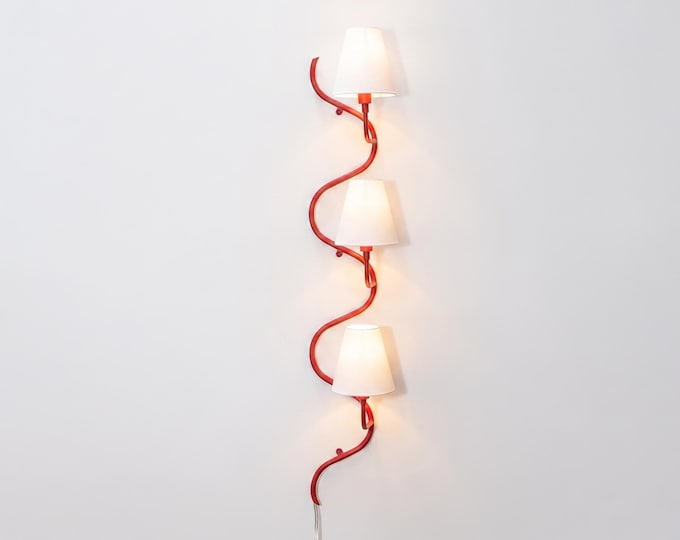 Modern Red Spiral Wall Sconce – Luxury Curved Wall Lamp with White Fabric Shades | Contemporary Designer Lighting Fixture for living room