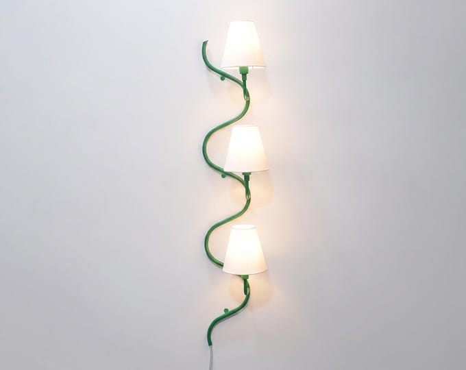Modern Green Spiral Wall Sconce – Luxury Curved Wall Lamp with White Fabric Shades | Contemporary Designer Lighting Fixture for living room