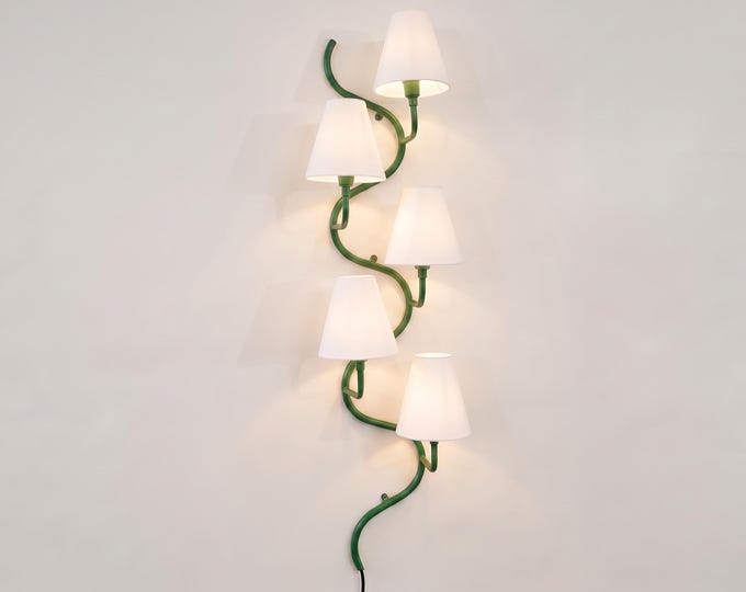 Wall Sconce Green Spiral Lighting  – Luxury Inspired Curved Wall Lamp with White Fabric Shades Lighting for Bedroom Living Room  Hotel Décor