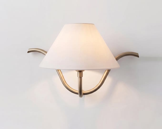 Antique Brass Wall Sconce, Modern Wall Lamp, Fabric Shade Light, Bedroom Sconce, Living Room Lighting, Sculptural Accent Lamp design lamp