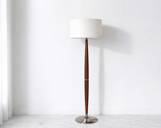 Nickel Plated Wood Floor Lamp: 55" Tall with White Shade