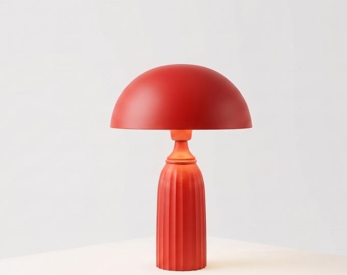 Table Lamp – Bold Modern Red Dome Table Lamp with Elegant Ribbed Column Base | Artistic Mid Century Bedside Lamp for Contemporary Home Decor