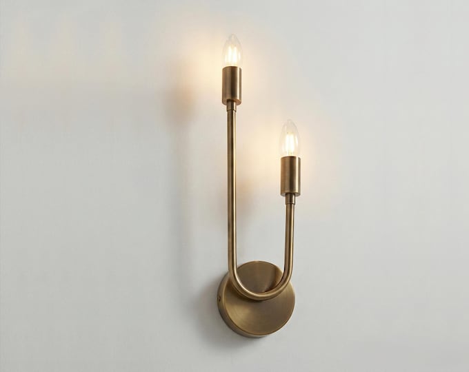 Twin Curve Antique Brass Wall Sconce – Double E14 Candle Light