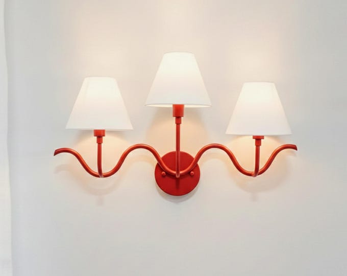 Wall Light – Bold Red Three Arm Designer Wall Sconce, Modern Curved Luxury Lighting Fixture for Statement Bedroom & Living Space Decor