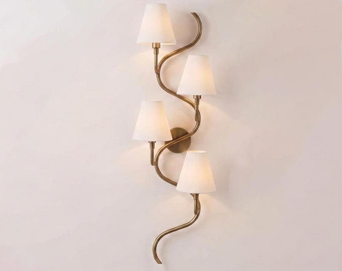 Antique Brass 4 Light Wall Sconce, Curved Spiral Wall Lamp, White Fabric Shades, Vintage Modern Lighting, Bedroom Living Room Hallway Décor
