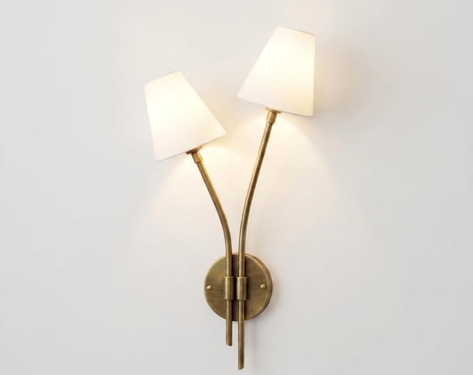 Wall Light Antique brass Double Stem Sconce, Elegant Modern Wall Fixture with White Fabric Shades for Bedroom & Luxury Living Space