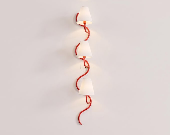 Serpentine 3-Light Wall Lamp in Red with White Conical Shades