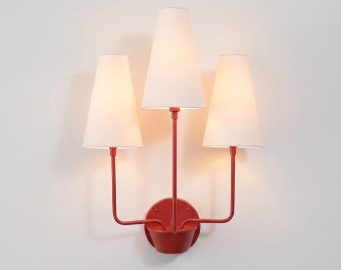 Modern Red 3-Light Wall Sconce with White Fabric Shades, Mid Century Wall Light Fixture for Bedroom, Living Room, Hallway, Dining Room.