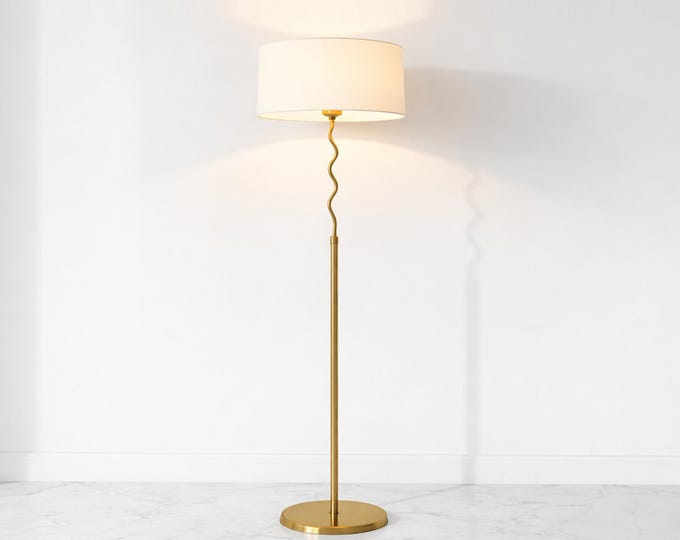 Handmade Brass Floor Lamp with White Shade: Mid Century Modern
