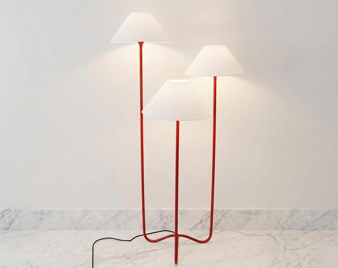 Vibrant Scarlet Trio Arched Floor Lamp with Ethereal White Shades – Sculptural Modern Masterpiece