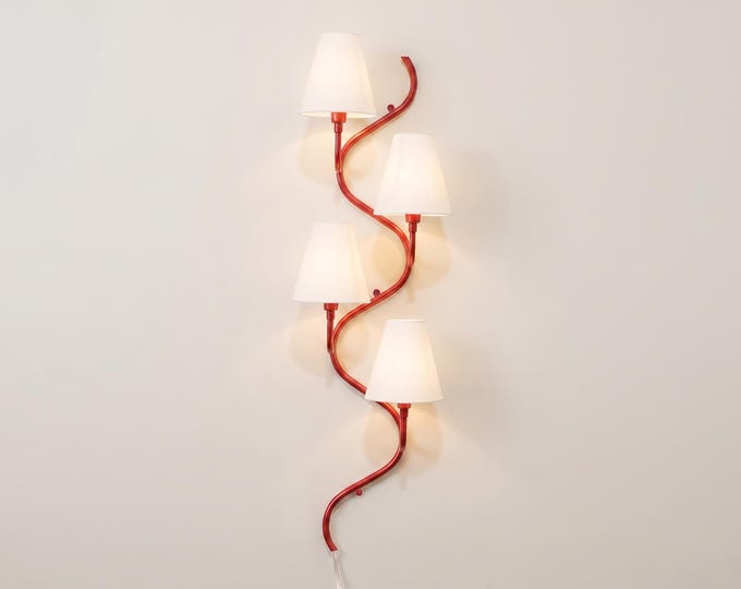 Wall Sconce Red Spiral 4 Light  with White Fabric Shades – Luxury Artistic Curved Wall Lamp for Living Room, Bedroom, Hallway & Home Decor