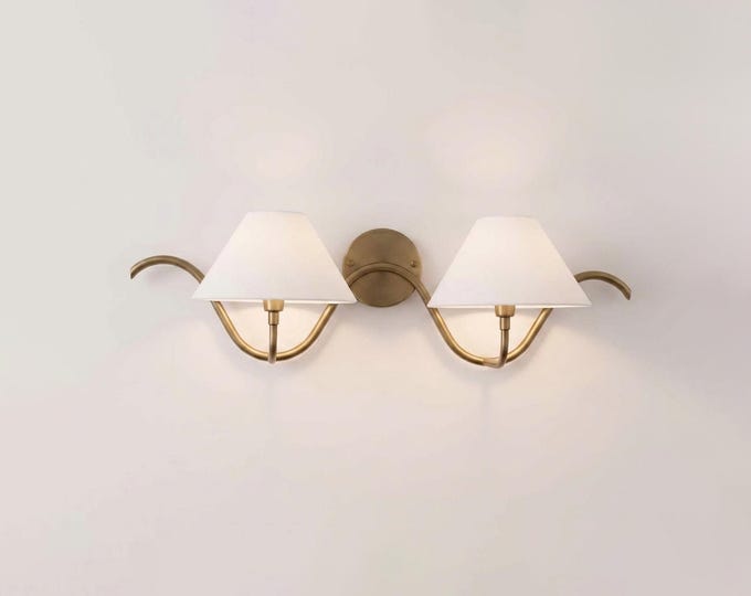 Antique Brass Wall Sconce 2 Light Brass Wall Lamp with White Fabric Shades, Modern Vintage Wall Light,Bedroom Sconce Elegant Statement Light