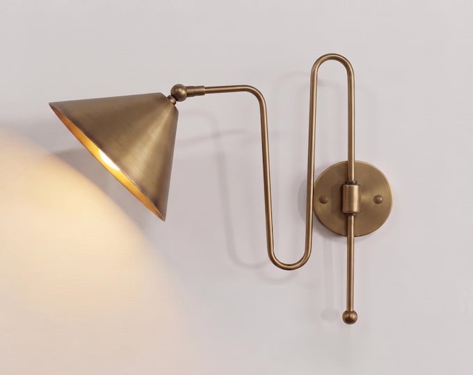 Antique Brass Cone Wall Lamp – Modern Industrial Wall Sconce | Mid Century Bedroom & Living Room Lighting Fixture living rooms, bedrooms