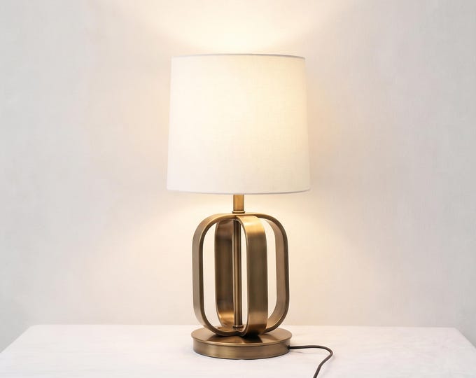 Table Lamp in Antique Brass Color, Bedside Lamp with White Fabric Shade, Designer Nightstand Lamp for Bedroom , Living Room , Office table.