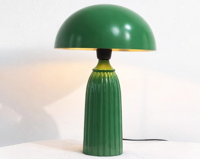 Table Lamp – Emerald Green Mushroom Table Lamp with Fluted Pedestal Base | Accent Lighting for Bedroom Living Room and Designer Spaces