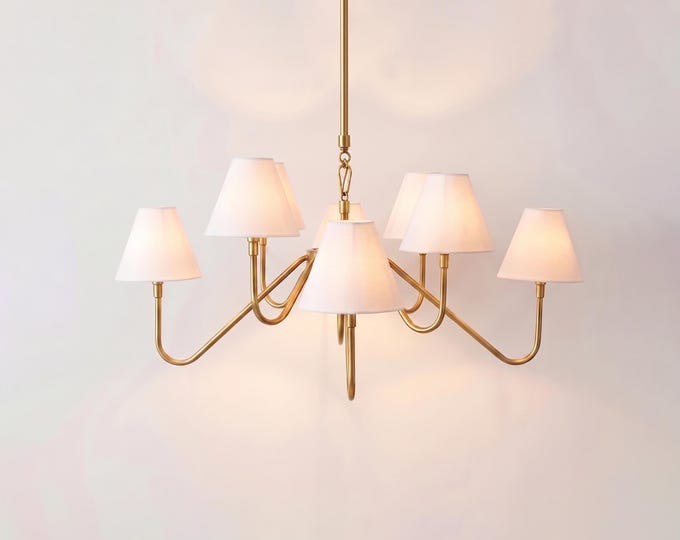 Modern Brass Gold 6 Light Chandelier with Premium White Fabric Shades | Luxury Hanging Ceiling Light Fixture for Dining Area, Living Room .
